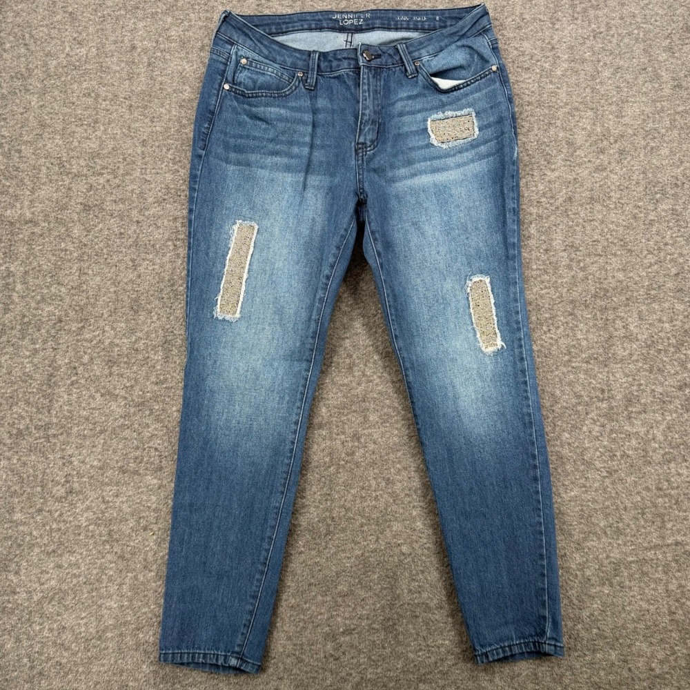Jennifer Lopez Womens Skinny Ankle Distressed Blue Jeans Size 8 Medium Wash Crop